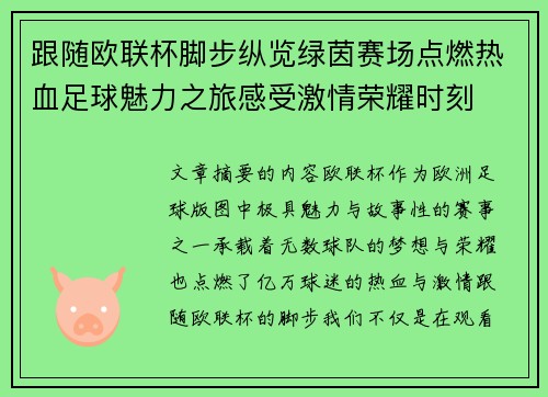 跟随欧联杯脚步纵览绿茵赛场点燃热血足球魅力之旅感受激情荣耀时刻
