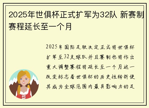 2025年世俱杯正式扩军为32队 新赛制赛程延长至一个月